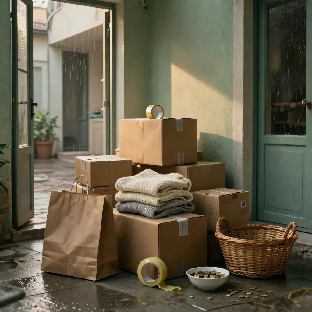 Pacchi resi, buste shopping, maglione piegato, monete e luce dopo il temporale.