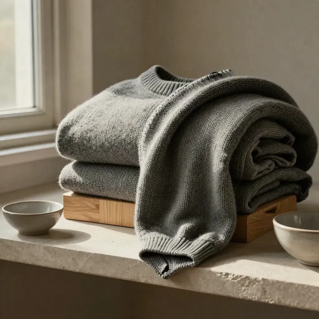 Maglione di lana piegato, blocco di cedro e ciotola ceramica su mensola domestica.